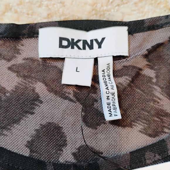 NWT L DKNY Purple And Black Animal Print Micromesh Short Sleeve Ruched Top NEW - Picture 4 of 11